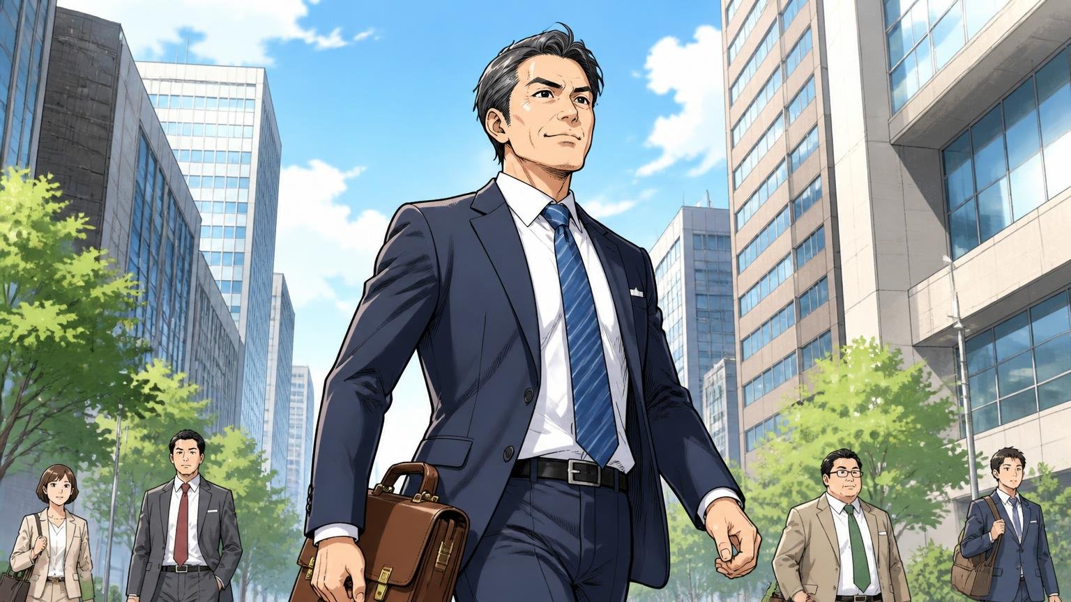 向いている人の4つの特徴。朝のオフィス街をスーツ姿で革のブリーフケースを持ち、胸を張って歩く40代男性1人