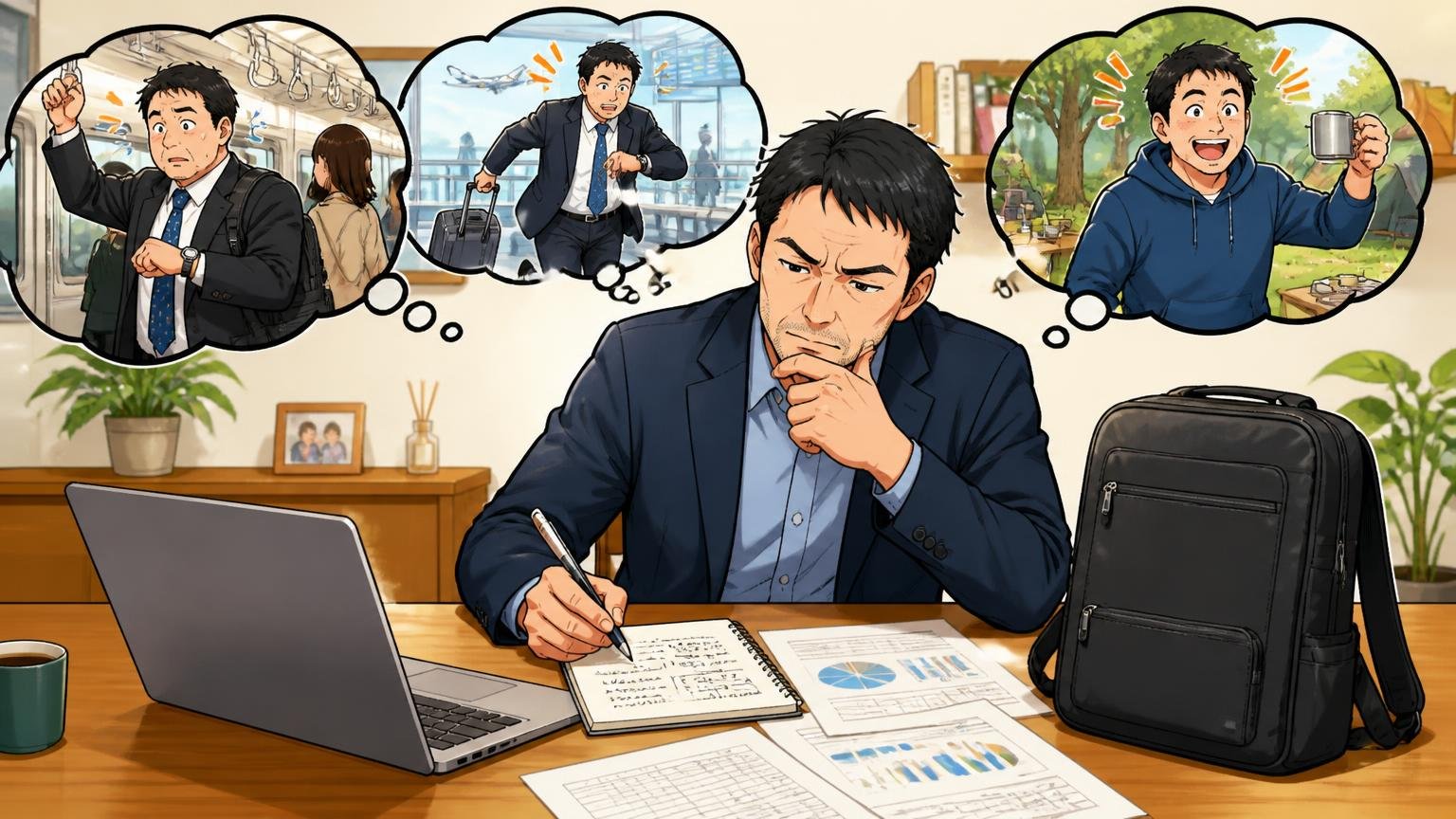 通勤・出張・休日のどこで一番使うかを決める、自宅のダイニングでPCと書類をリュックの横に並べる40代男性1人が真剣にメモを取る場面