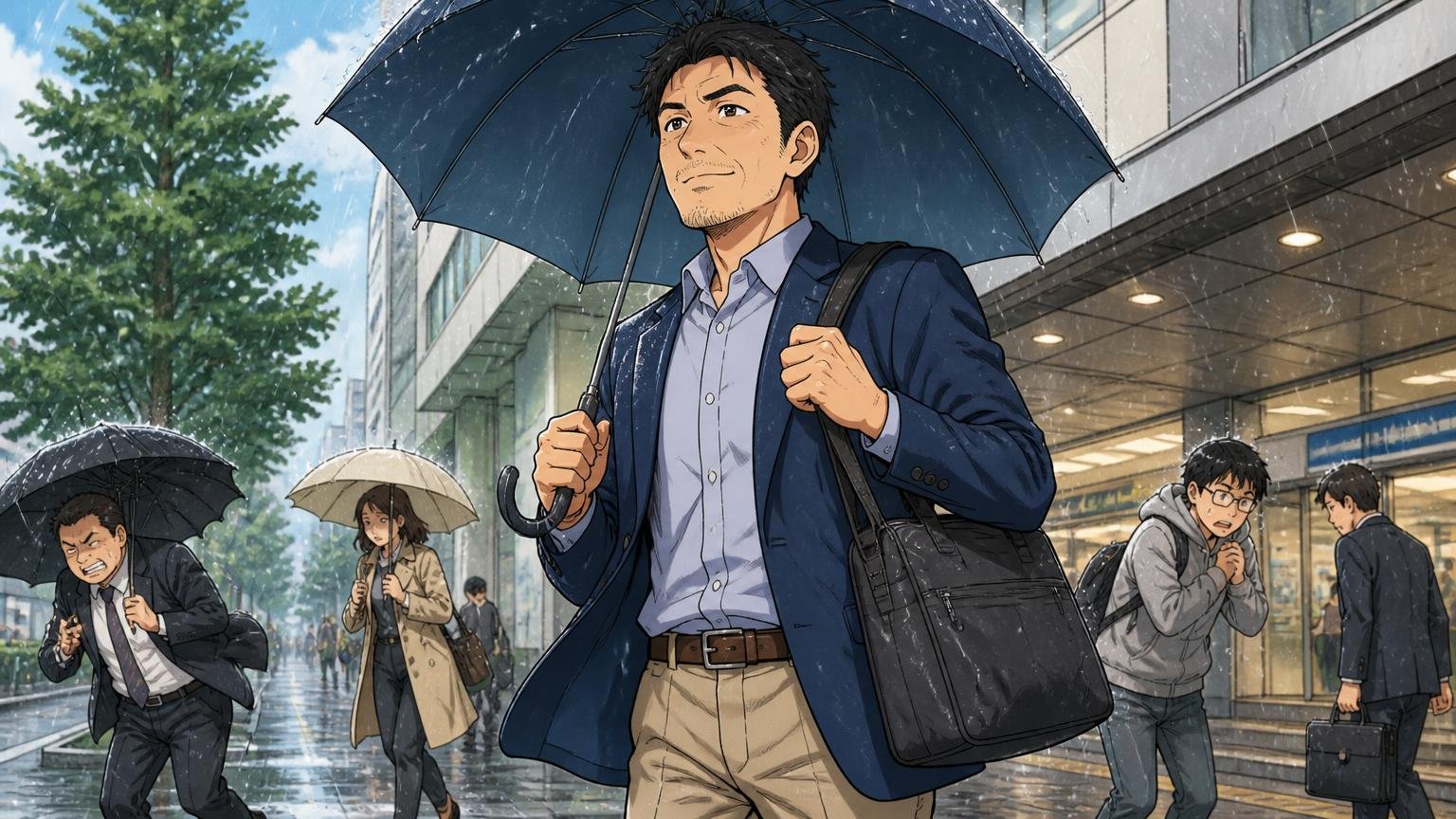 向いている人｜ジャケパン勤務・出張・雨の日が多く、軽さと丈夫さを優先したい人、雨の駅前で傘を差しバッグを肩にかけた40代男性1人が水滴を気にせず堂々と歩く場面