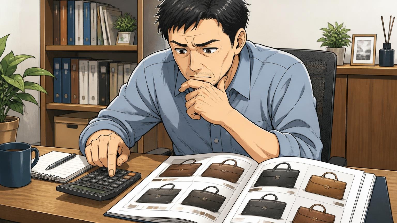 予算 メンズビジネスバッグは10万円台が中心 自宅の机で電卓と革のバッグのカタログを前に考え込む40代男性1人の場面
