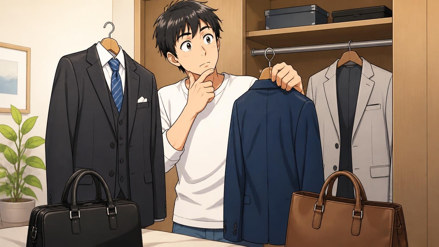 STEP1：使う場面と職場の服装を先に決める 自宅のクローゼットの前でスーツとジャケットを並べてバッグを合わせる男性1人