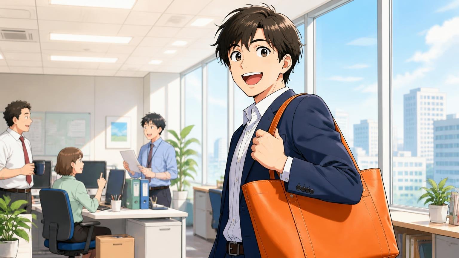 向いている人 朝のオフィスで発色のいい革のトートを肩にかけた男性が晴れやかに笑う場面