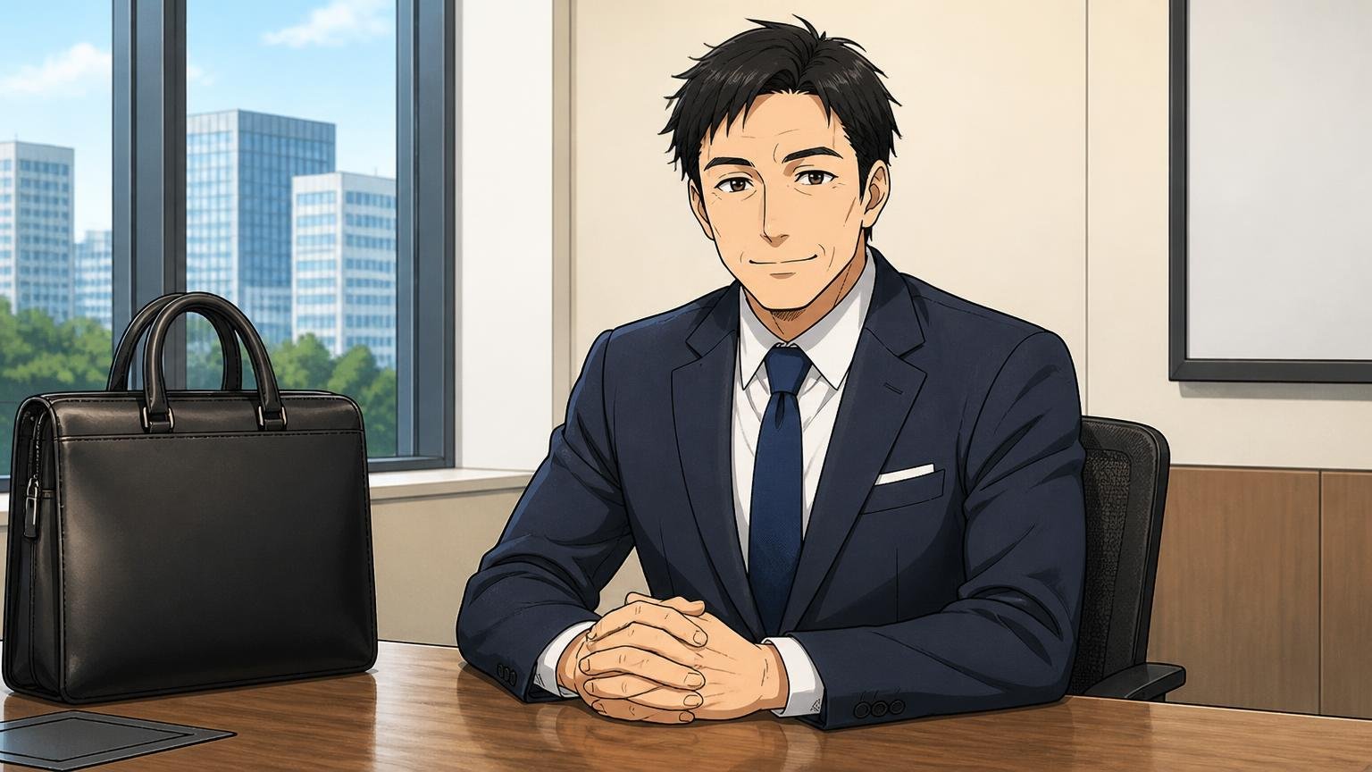 向いている人。オフィスの会議室で無地の革ビジネスバッグを机に置き落ち着いた笑顔で座る40代男性1人
