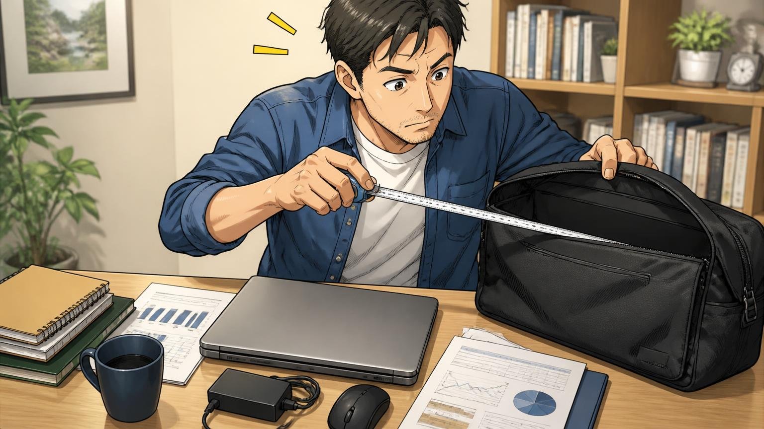 用途を決めてPCサイズと重さを確認する 自宅の書斎で40代男性がノートPCと書類を並べてバッグの容量を測る場面