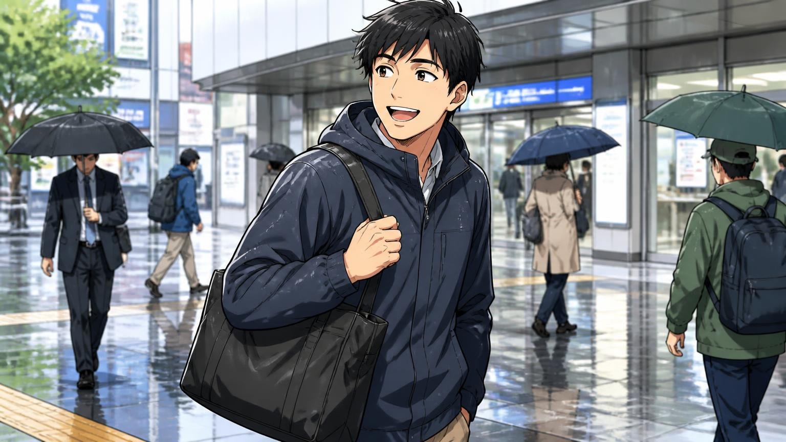 向いている人：軽さと機能性を最優先する人、出張や雨の日が多い人 雨の日の駅前でナイロンバッグを肩にかけ笑顔で歩く男性1人の場面