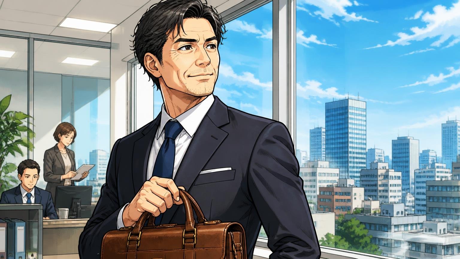向いている人はロゴで主張せず本物志向へ踏み出したい40代。オフィスの窓際で革のブリーフケースを手に自信に満ちた表情の40代男性