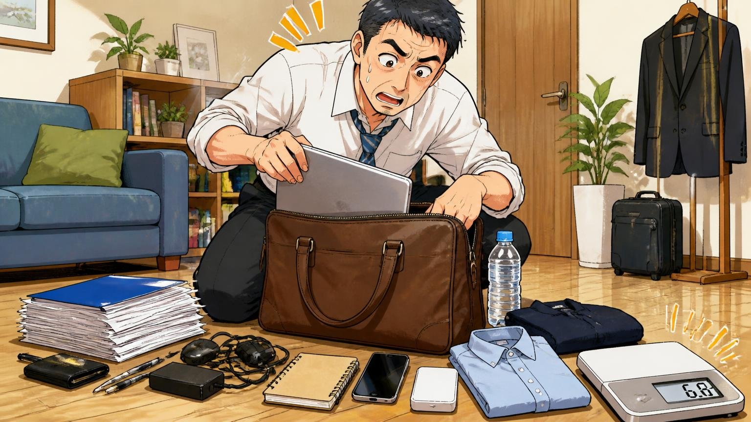 用途(通勤・出張・PC)と、荷物を入れた総重量を決める 自宅の床にノートパソコンや書類を並べて革のビジネスバッグに詰めながら重さを確かめる40代男性の場面