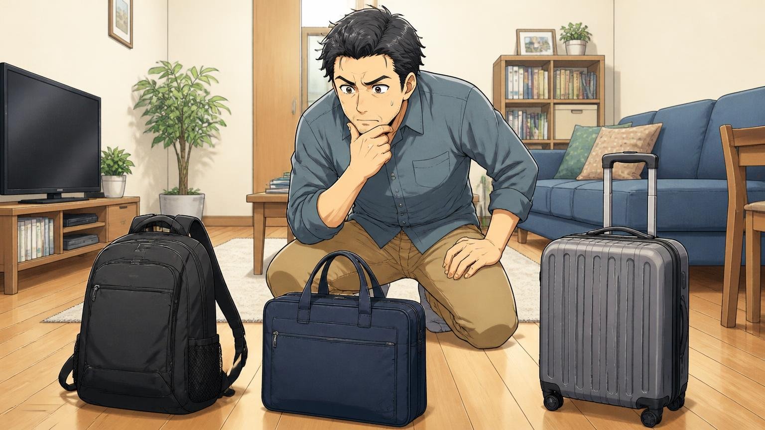まず「通勤・出張・雨の日」のどれで使うかを決める　自宅のリビングで通勤用と出張用のバッグを床に並べて悩む40代男性1人