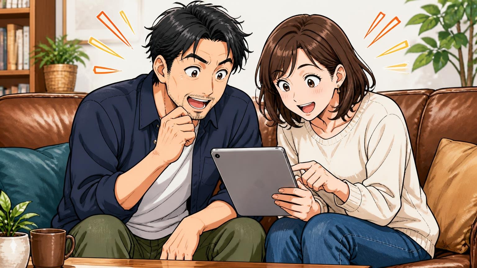 確認①　革の仕上げと手入れ方法が、公式にきちんと書かれているか、自宅のソファで40代男性と30代女性がタブレットの公式サイトを一緒に読み込む場面
