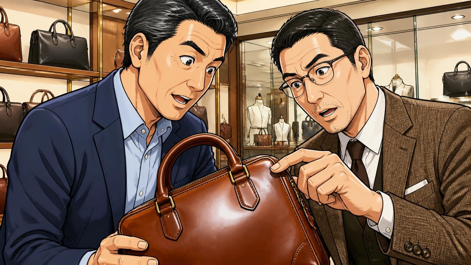 「誰が・どこで仕立て、修理まで見てくれるか」で比べる ショールームで店員と革のビジネスバッグの縫い目や艶を確かめる40代の男性2人