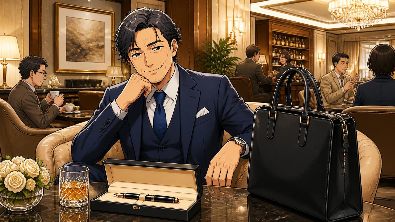 向いている人:ブランドの格と世界観に価値を感じる人。高級ホテルのラウンジで40代男性が万年筆とバッグを並べて満足げに微笑む場面
