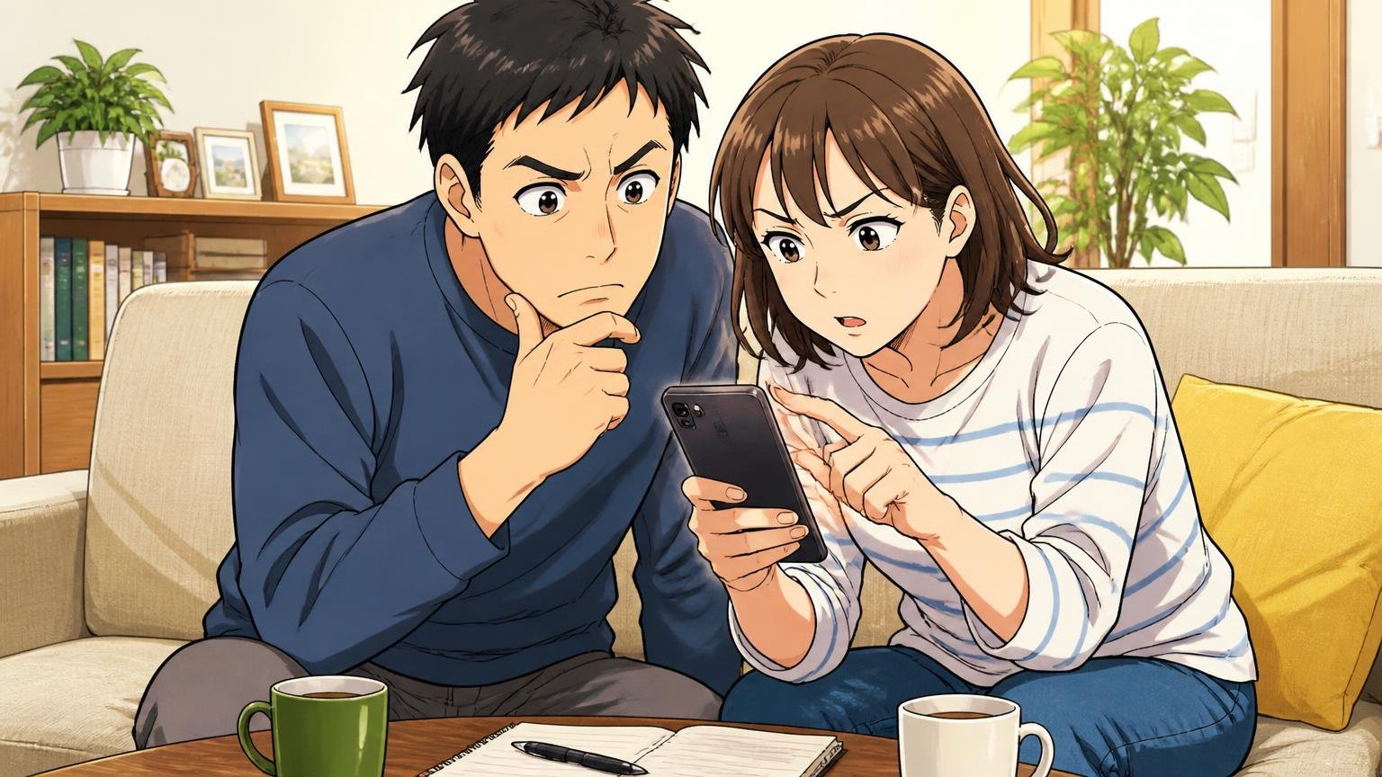 口コミは「何年・どう使った人の声か」で読む 自宅のソファでスマホの口コミを真剣に読み比べる夫婦