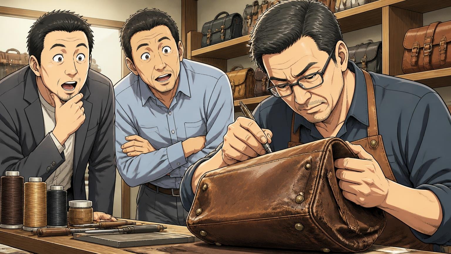 化学繊維と本革は「年数がたったときの見え方」と「修理」で差が出る。革工房で職人が使い込まれた革バッグの角を直す様子を見つめる40代男性2人の場面