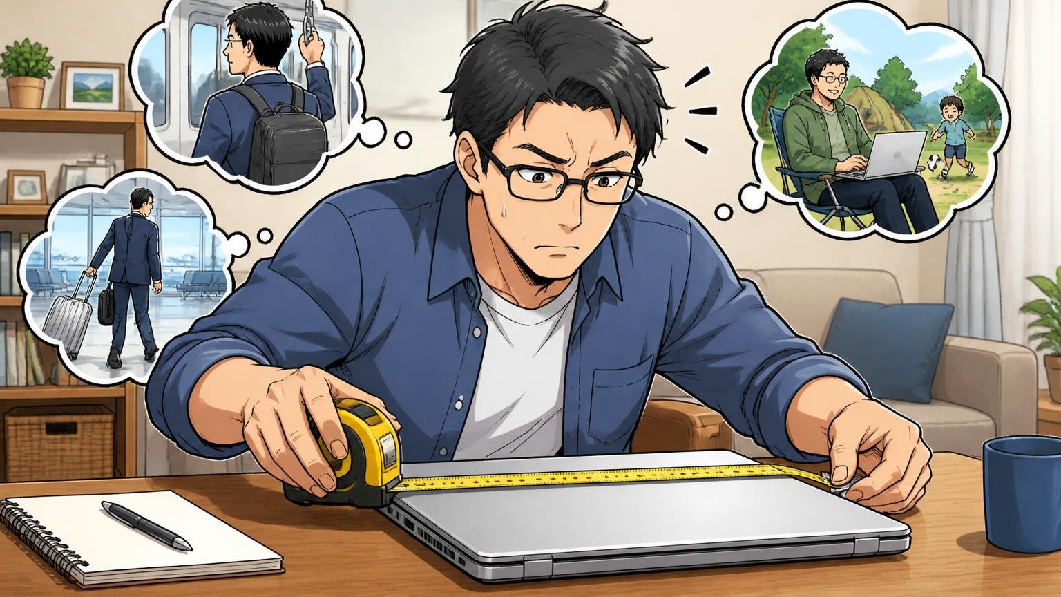 用途（通勤・出張・休日）と、入れるPCのサイズを決める自宅のリビングでノートPCの寸法をメジャーで測る40代男性1人の場面