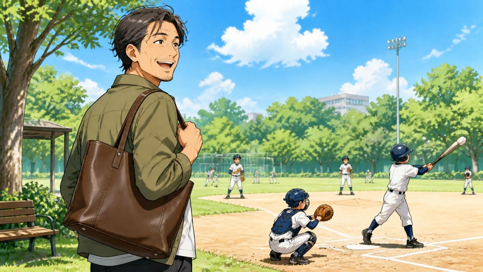向いている人 休日の公園で野球をする子どもを見守りながら革トートを肩に掛ける場面 40代男性1人 楽しそうに笑う