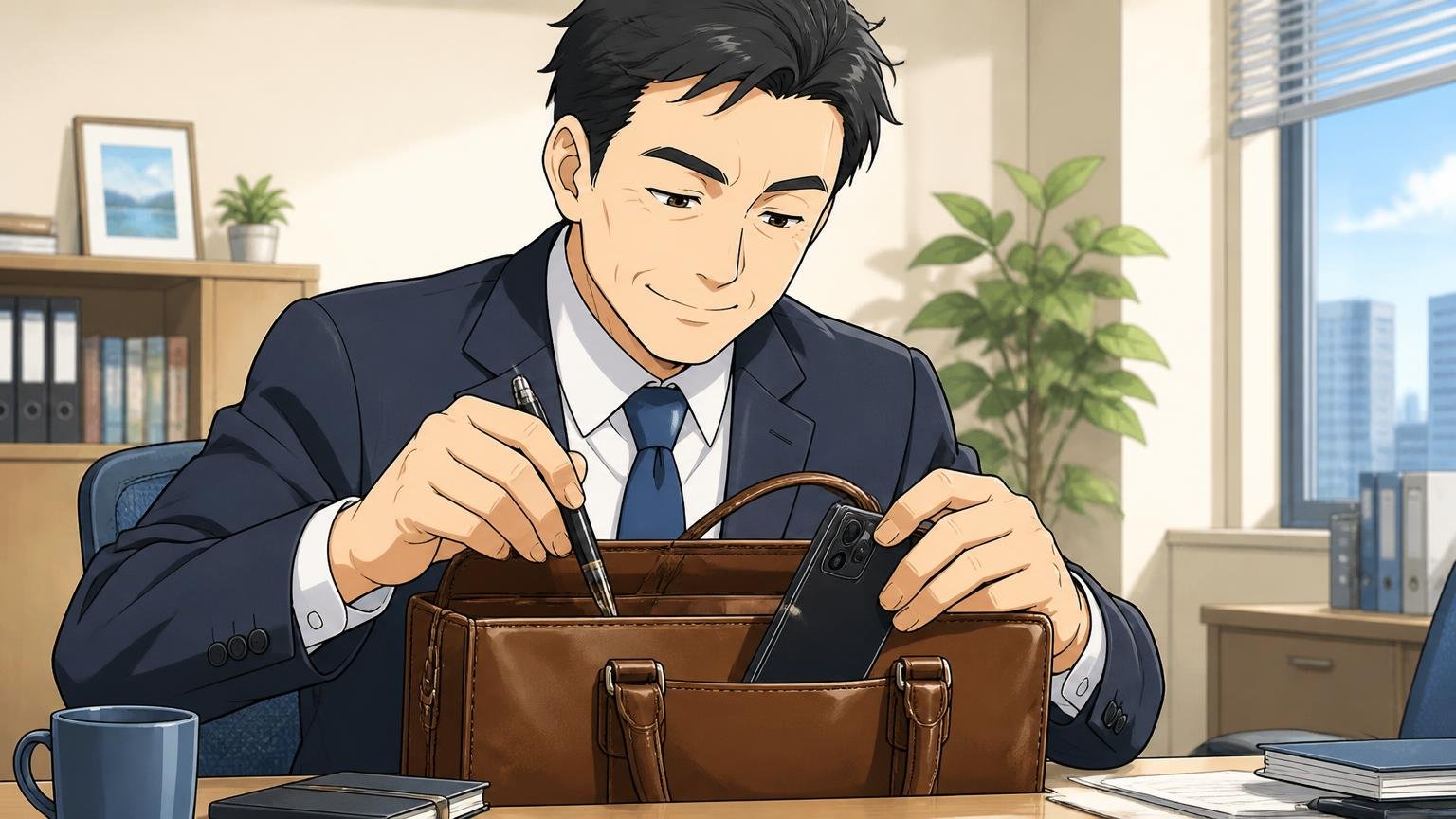 日本のビジネスマンの持ち物を前提にした「ちょうどいい」機能性 デスクで革バッグのポケットにペンとスマホを収める場面、40代男性1人、満足げに微笑む