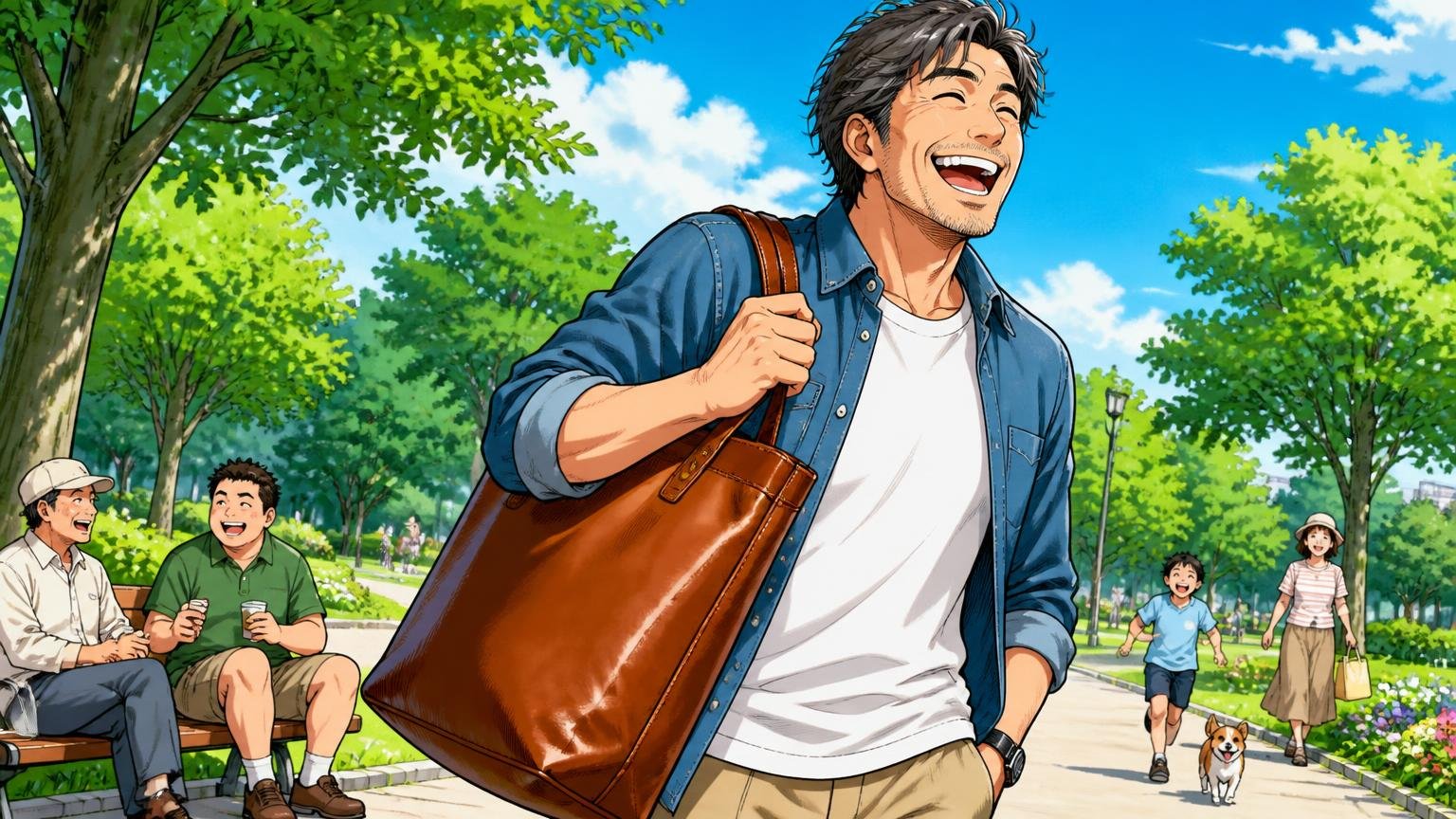 向いている人：革を育てる時間を楽しみ多少の重さは気にしない人、休日の公園で40代男性が革トートを手に満面の笑みで歩く場面