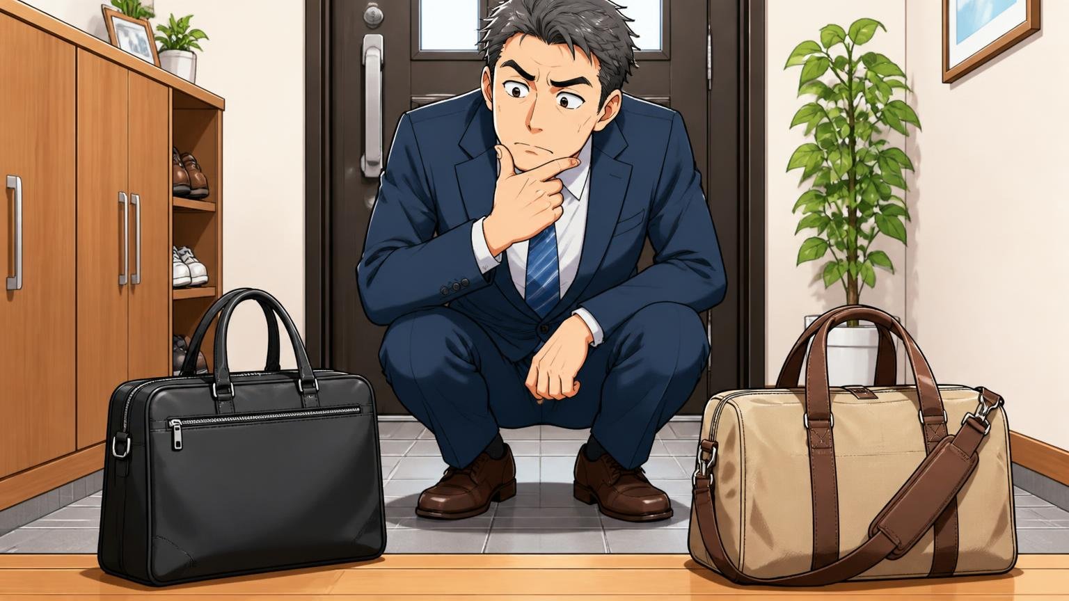 用途を先に決める 玄関先で通勤用と休日用のバッグを並べて見比べる40代男性1人
