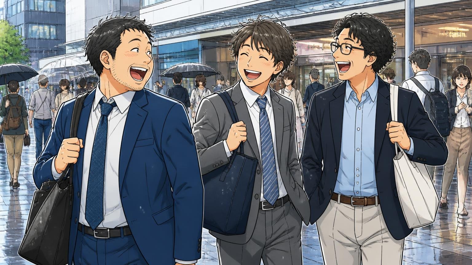 向いている人は軽さとタフさを優先する人　雨の日の駅前でトートバッグを肩に掛けて歩く場面　30代と40代の会社員3人が軽快に笑い合う
