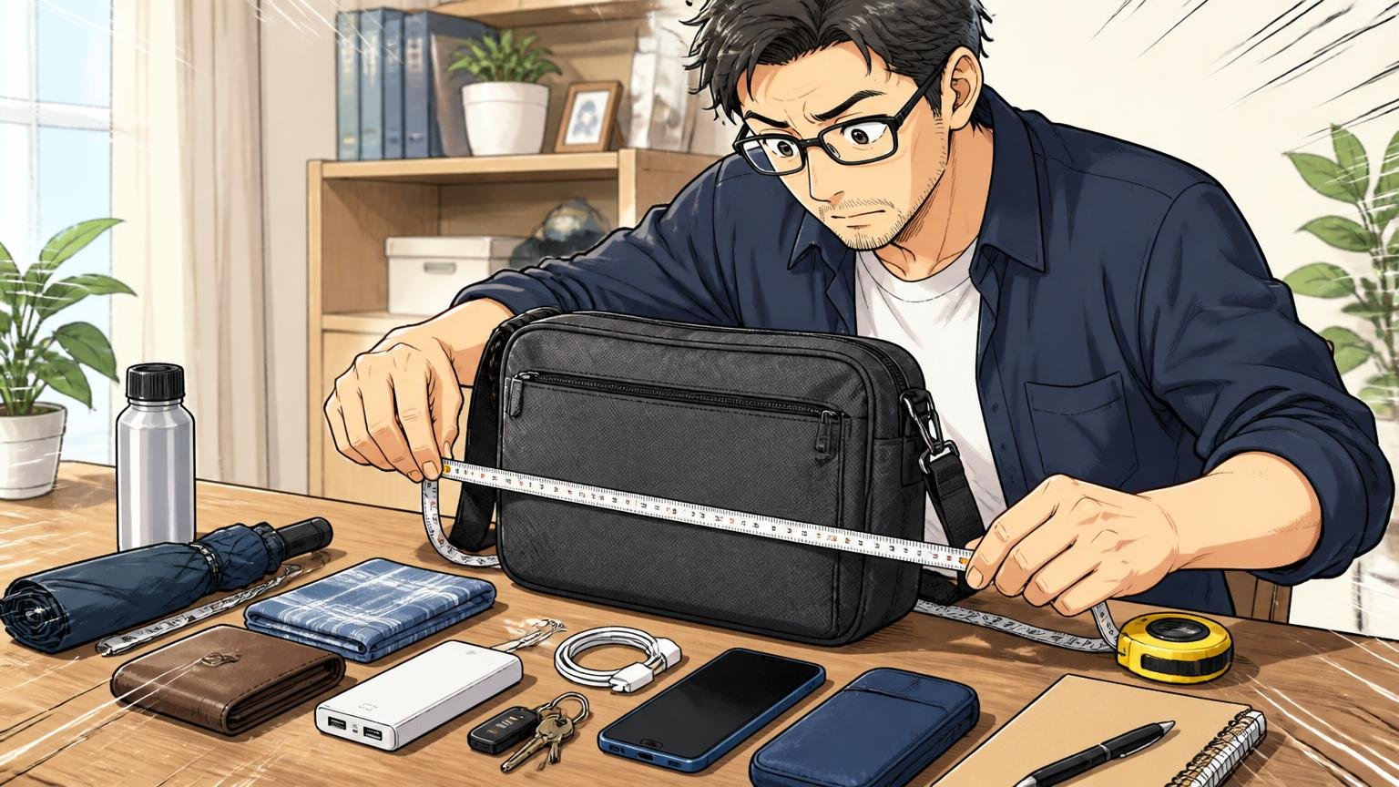 購入前に確認したい5つのこと 自宅のテーブルで持ち物を並べてメジャーでバッグのサイズを測る40代男性1人の場面