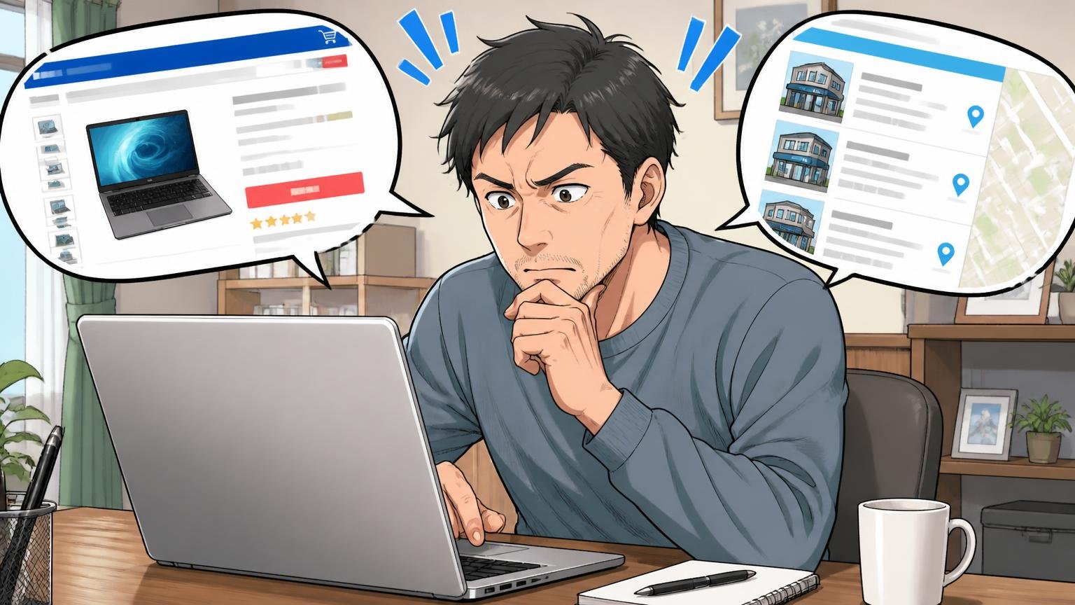 正規販売店かどうか(保証の条件)/自宅のデスクでノートPCの販売店ページと公式サイトの店舗一覧を照らし合わせる40代男性1人
