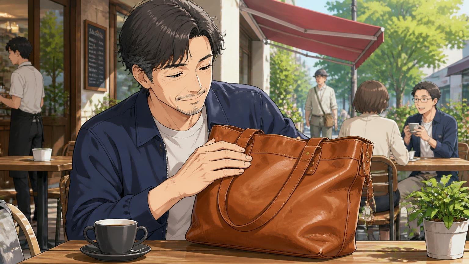 向いている人　休日のカフェのテラスで飴色になった革のトートを撫でる40代男性1人が穏やかに微笑む