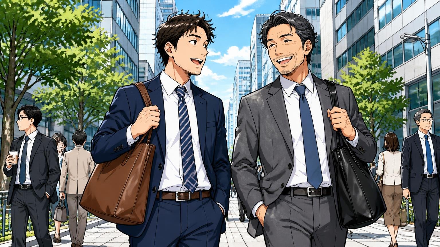 向いている人通勤途中のオフィス街で革トートを肩に掛け軽やかに歩く40代男性2人