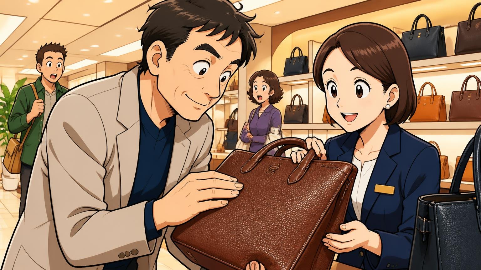 傷が目立ちにくいシボのある革 百貨店の鞄売り場で表面に細かなシワのある革バッグを手に取り指でなでる40代男性と販売員の2人