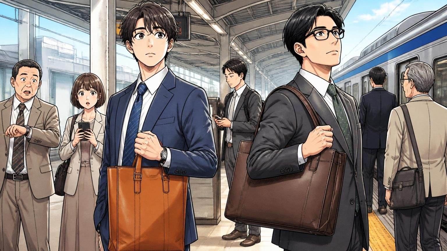 通勤・出張・休日、どの場面で一番使うかを決める：朝の駅のホームで縦型と横型の革トートバッグを持った会社員の男性2人が並んで電車を待つ場面