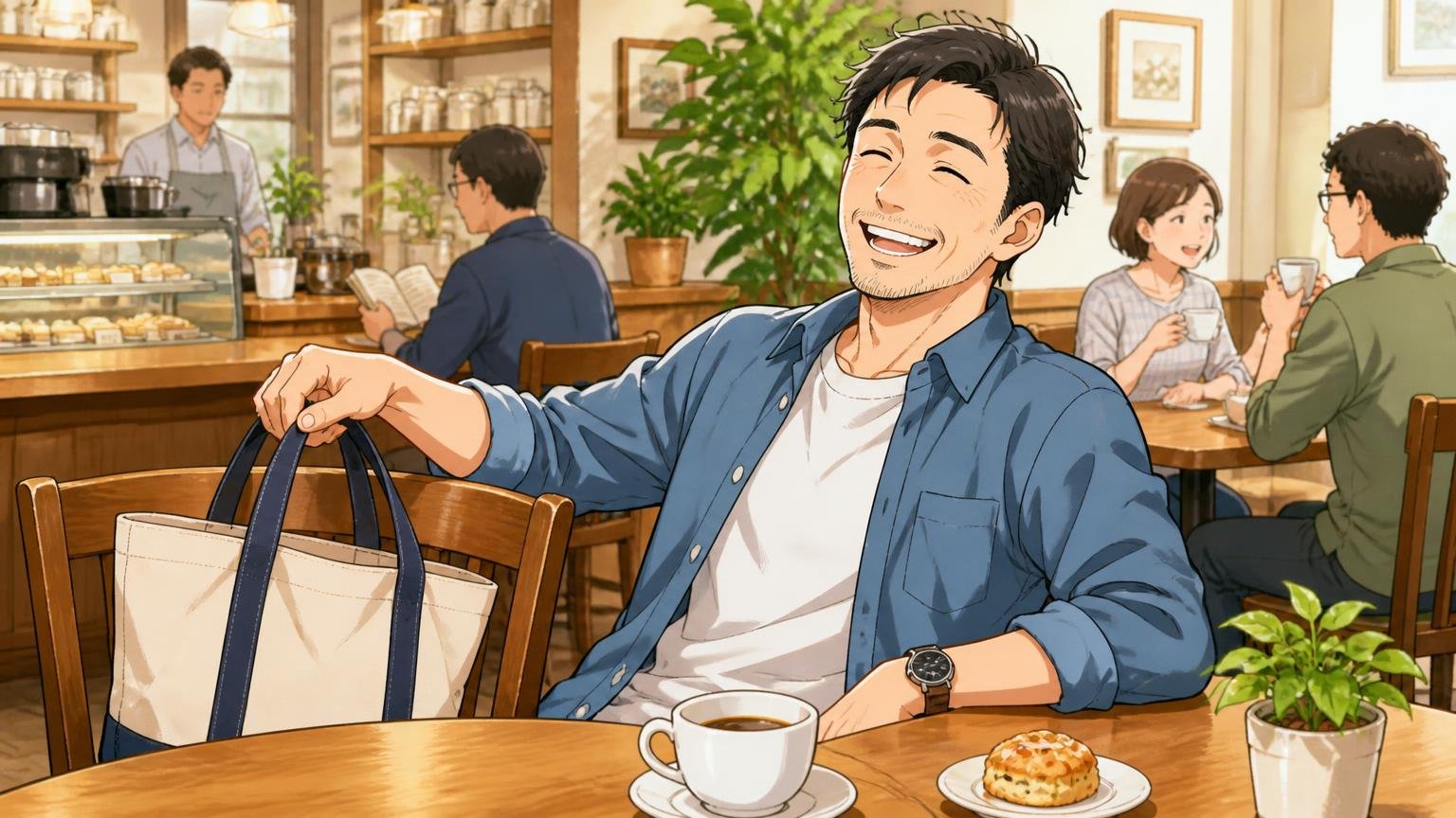 向いている人 休日のカフェで40代男性が軽いトートを椅子に置きリラックスして笑う場面