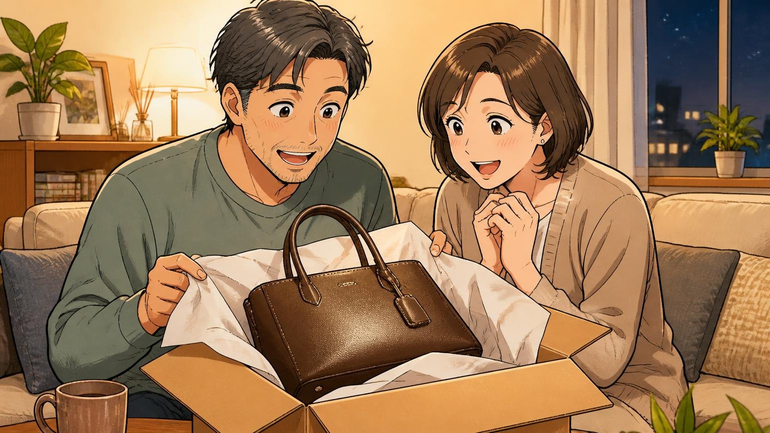 10年後もこれでよかったと思いたい40代へ。日本製3選 夜のリビングで届いたバッグの箱を開ける場面 40代夫婦2人が笑顔で見つめる