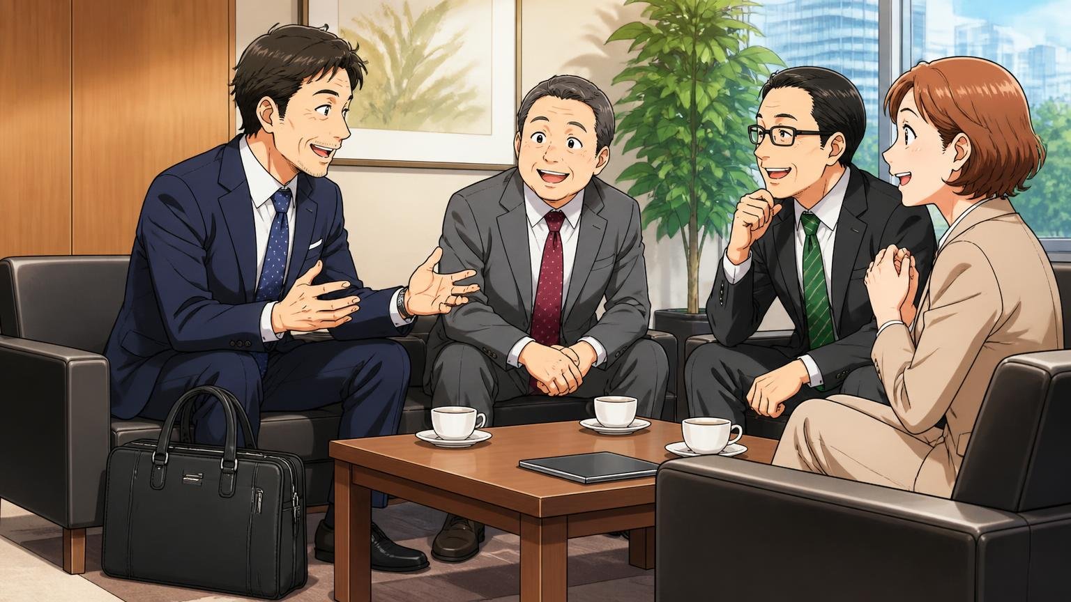 型崩れしにくい革のビジネスバッグが向いている人 商談先の応接室で自立した革のバッグを足元に置く場面 40代男性と取引先の3人が笑顔