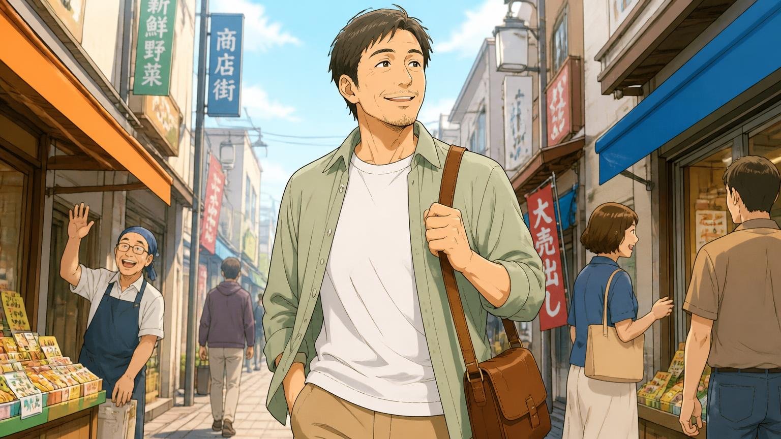 向いている人 休日の商店街で柔らかい革のショルダーを肩に軽やかに歩く40代男性の場面