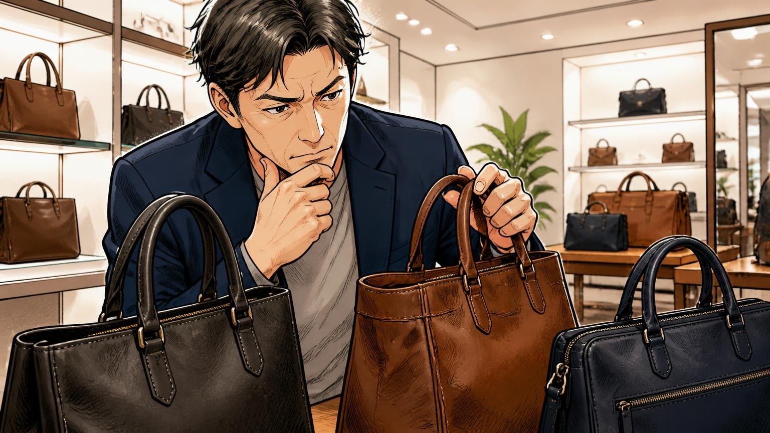 判断軸は「日本製・ロゴ控えめ・修理対応・価格帯」のまま変えない ショールームで革バッグを見比べる40代男性1人が真剣に選ぶ場面
