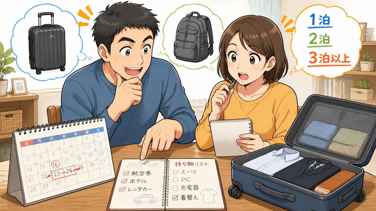 用途と泊数を決めてからモデルを選ぶ 自宅のダイニングテーブルで出張カレンダーとメモを見ながら話し合う夫婦2人