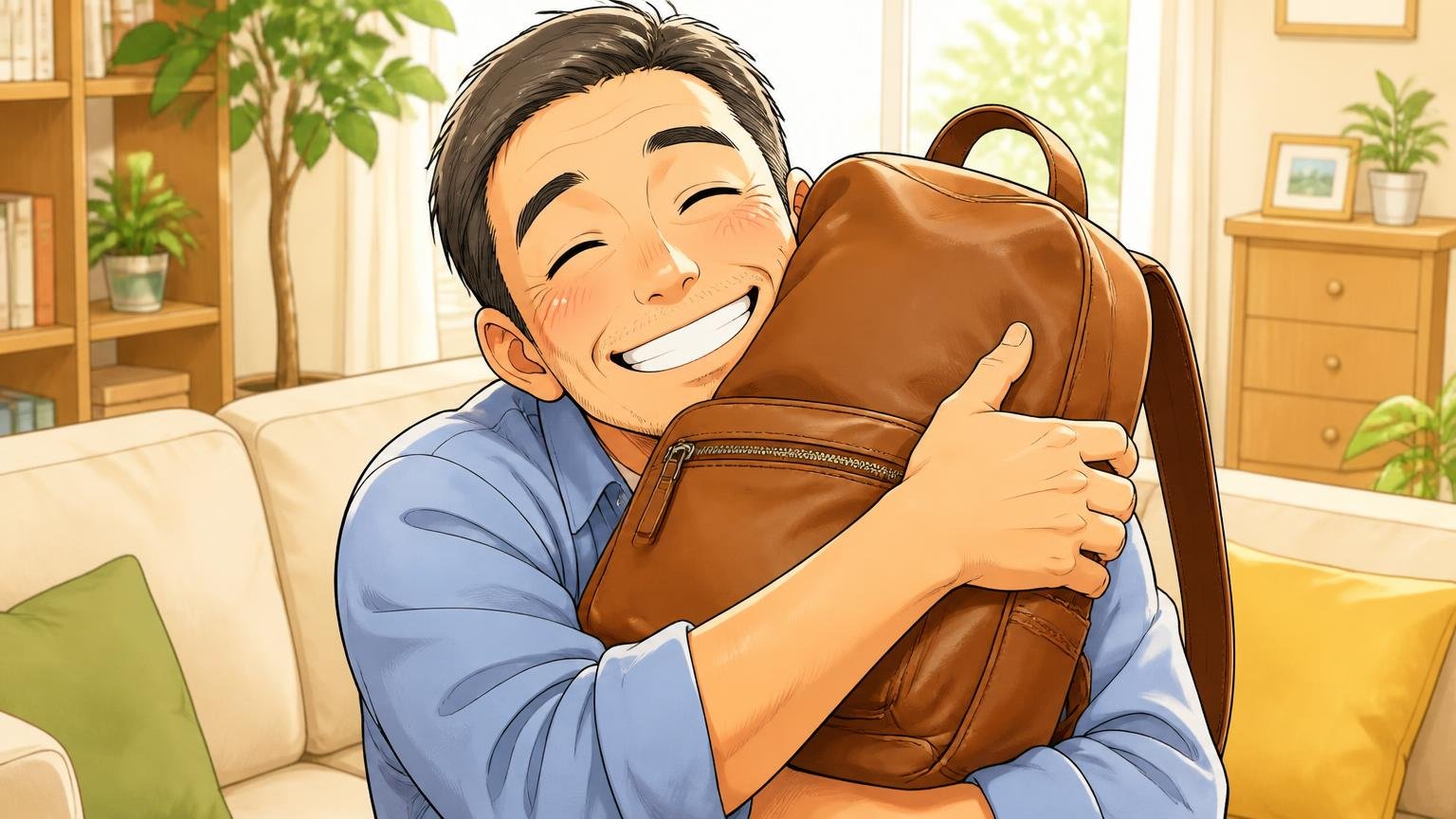 28-05000（リアリティレザー）は柔らかさ重視の人に、自宅の明るい部屋で柔らかい革のリュックを抱きしめる40代男性1人が満面の笑みになる場面