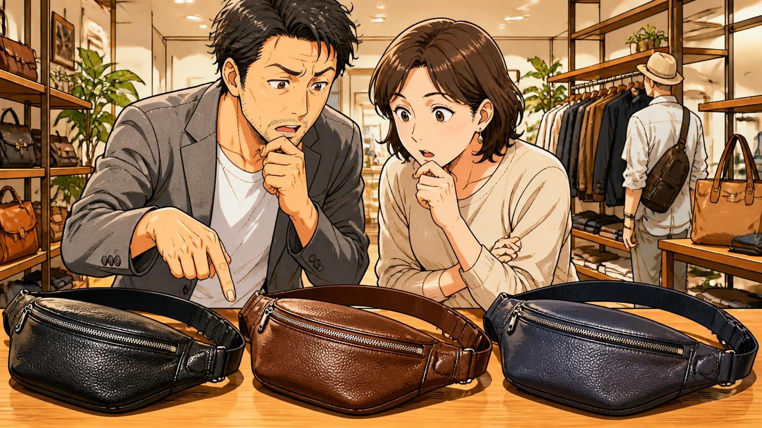 ルボーノ・シュリンク・Cbの違いと価格 セレクトショップの店内で3種類の革のボディバッグを並べて見比べる40代男性と妻の2人