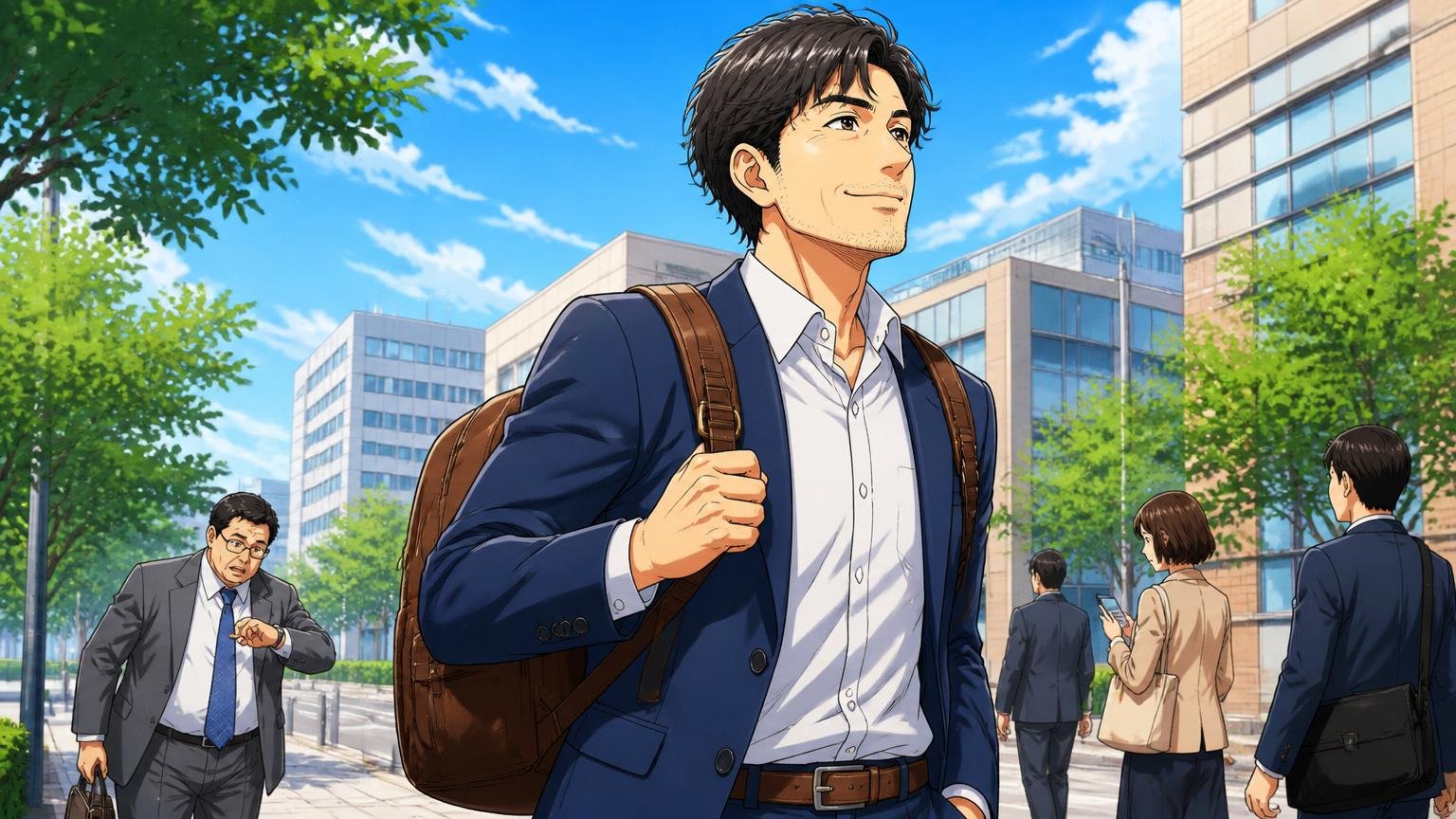 向いている人、朝の通勤路で革のリュックを背負った40代男性が胸を張って颯爽と歩く場面