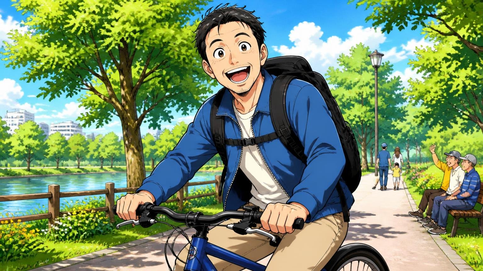 向いている人、晴れた休日の公園の小道で40代男性1人がリュックを背負い自転車にまたがって満面の笑みを見せる場面