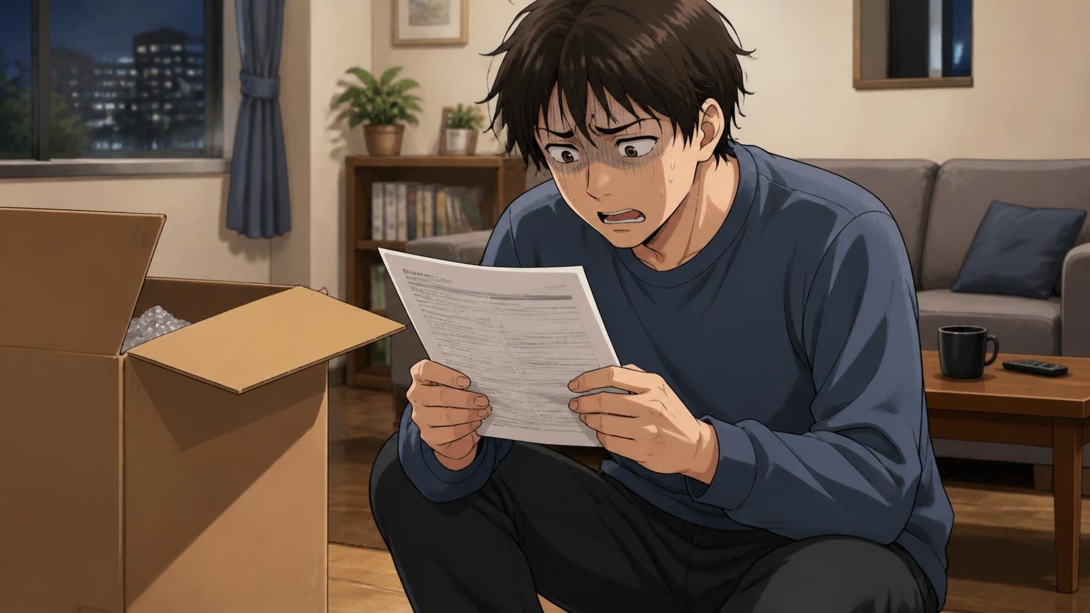 返品は「イメージ違い」では受け付けてもらえない 夜のリビングで届いた大きな箱を前に返品規約を読み肩を落とす男性1人