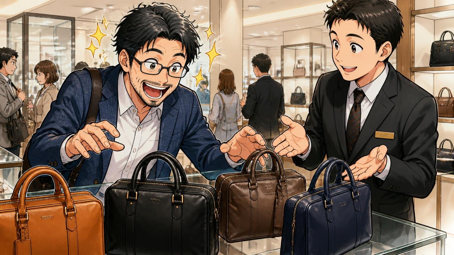 2社以外の日本製ブランドも候補に入れていい理由、百貨店の鞄売り場で複数の革バッグを並べて見比べ目を輝かせる40代男性と店員の2人