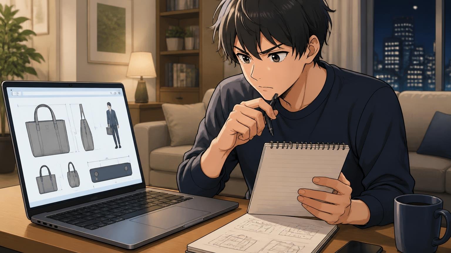公式サイトで寸法・重さ・持ち手・自立を確認する 夜のリビングでノートPCの商品ページとメモを見比べる男性 1人 ペンを持ち真剣に考える