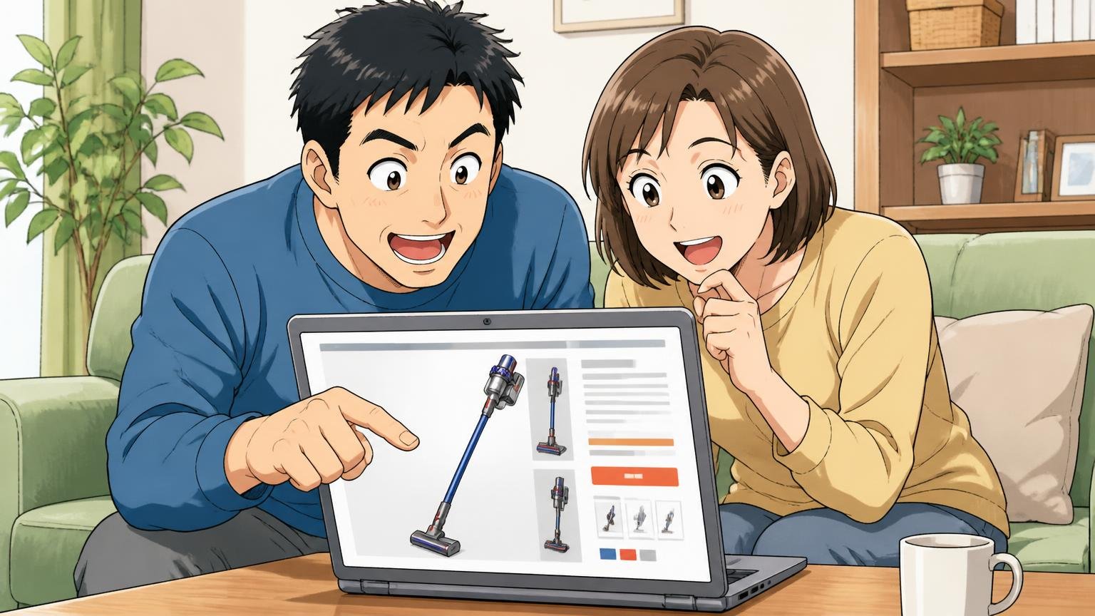 公式サイトで最新の価格と取り扱いを確かめる 自宅のソファでノートパソコンを開いた夫婦が公式サイトの商品ページを指さして相談する場面