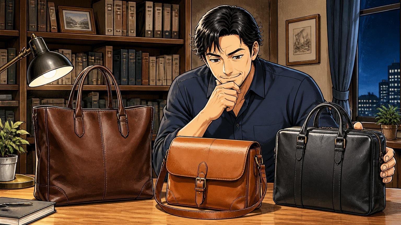 評判を調べ尽くした40代が最終候補に残したい、日本製メンズ革バッグブランド3選 夜の書斎で40代男性1人が革バッグ3つを見比べうなずく場面