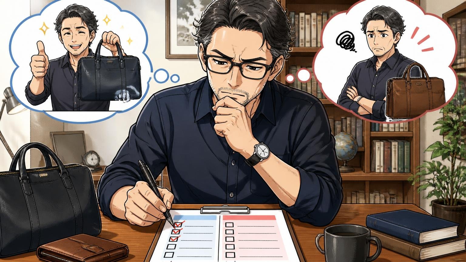 エルゴポックが向いている人・向いていない人、自宅の書斎でチェックリストに印をつけながら真剣に考える40代男性1人
