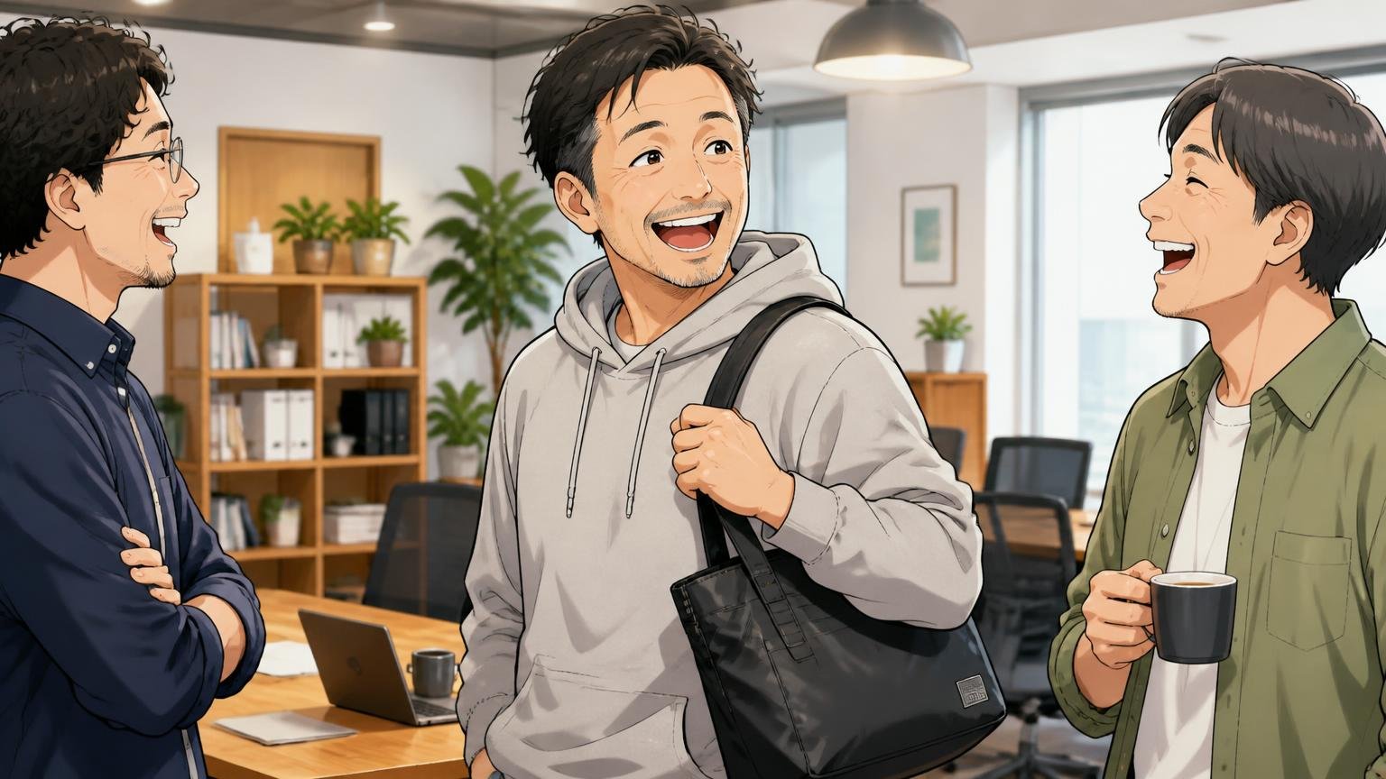 ポーターが40代に向いている人 カジュアルなオフィスでパーカー姿の40代男性1人が軽いナイロンバッグを肩に掛け同僚2人と笑い合う場面