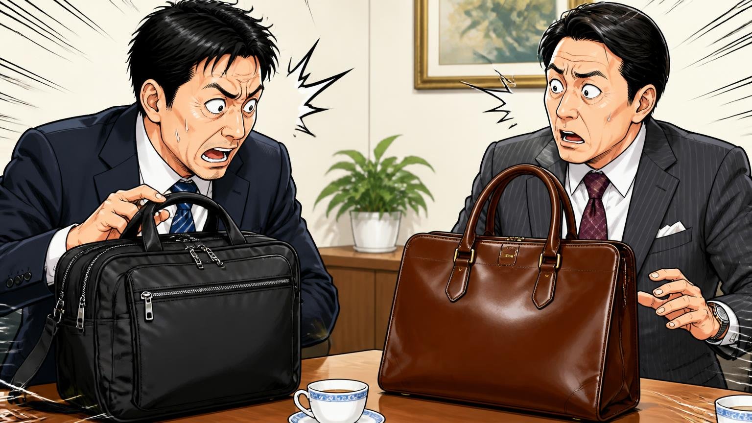 ブランド名だけで選び、主力素材がナイロンだと意識していない 取引先の応接室でナイロンのバッグと相手の革バッグを見比べて固まる40代男性2人