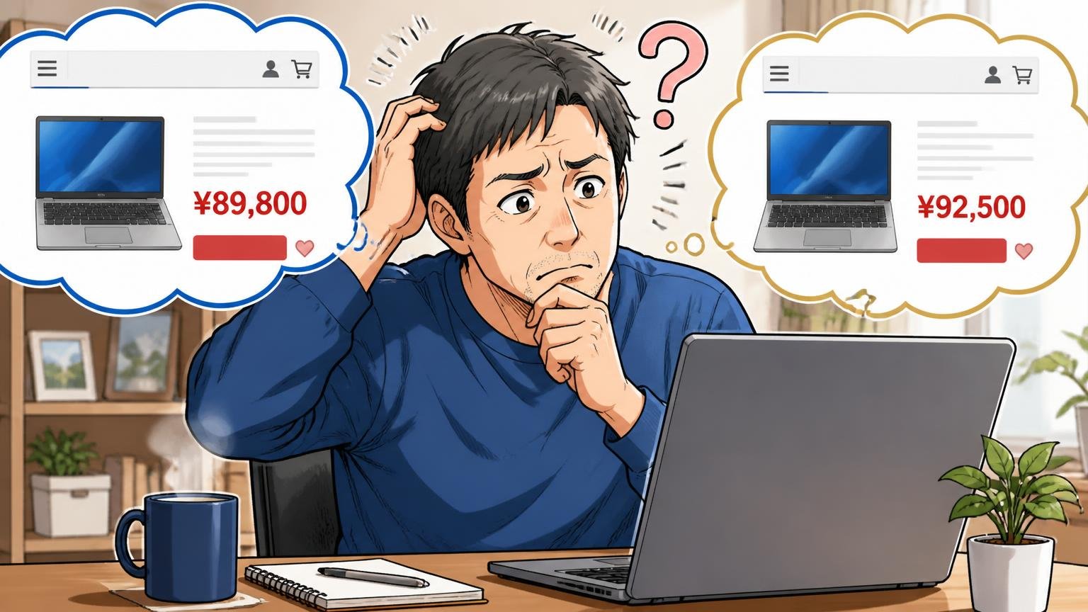 正規の取扱店で買う、自宅のパソコンの前で通販サイトの値段を見比べて首をひねる40代男性の場面