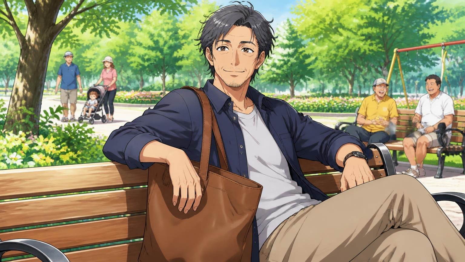 向いている人：肩掛け中心で、くたっと感を楽しめる人、休日の公園のベンチで柔らかい革のトートを肩に掛け、40代の男性がくつろいだ笑顔を見せる場面