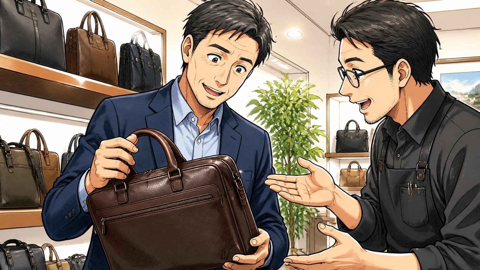 比べて見えてくる、40代の仕事用バッグに必要な3つの条件。ショールームで革のバッグを手に取り、店員の説明にうなずく40代男性と店員の2人